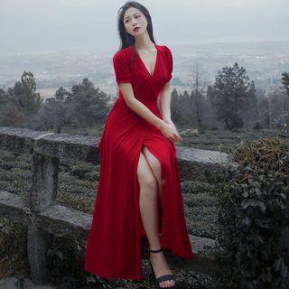 Short-sleeve V-neck Maxi Chiffon Dress