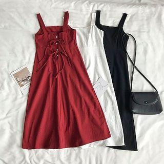 Plain Square-neck Lace-up Strap Dress