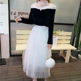 Set: Mesh Panel Long-sleeve Top + Midi A-line Skirt