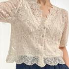 Set: Elbow-sleeve V-neck Lace Top + Camisole Top
