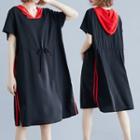 Hooded Short-sleeve A-line Dress Black - One Size