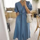 V-neck Drawstring Puff-sleeve Dress