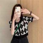 Short-sleeve Collared Argyle Button-up Knit Top Black & White - One Size