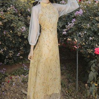 Mandarin Collar Floral Panel Midi A-line Dress