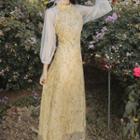 Mandarin Collar Floral Panel Midi A-line Dress