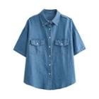 Short-sleeve Washed Denim Shirt Dark Blue - One Size