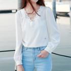 Lace Up Scallop Neck Chiffon Blouse