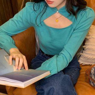 Long-sleeve Cutout Stand Collar Knit Top