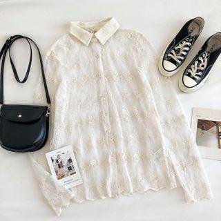 Embroidered Single-breasted Long-sleeve Mesh Blouse Almond - One Size