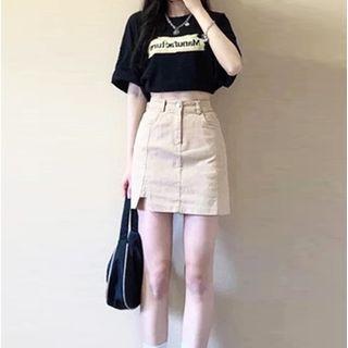 Short-sleeve Lettering T-shirt / Side-slit Denim Mini Pencil Skirt / Set