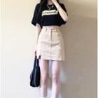 Short-sleeve Lettering T-shirt / Side-slit Denim Mini Pencil Skirt / Set
