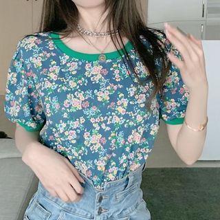 Short-sleeve Floral Print T-shirt Floral Print - Dark Blue - One Size