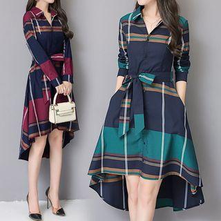 Plaid Long-sleeve Tie-waist Midi A-line Shirt Dress