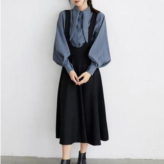 Set: Puff-sleeve Shirt + Pinafore Dress