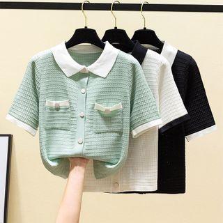 Short-sleeve Contrast Collar Button-up Blouse