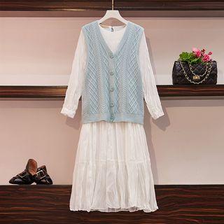 Set: Cable-knit Vest + Long-sleeve Midi Shift Dress