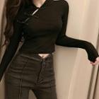 Mandarin Collar Frog-button Cropped T-shirt