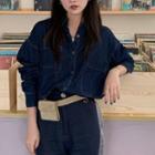 Multi-pocket Long-sleeve Denim Shirt Jacket As Shown In Figure - One Size