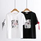 Short-sleeve Lace-up Print Top