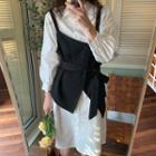 Long Sleeve Plain Shirtdress / Tie-waist Vest