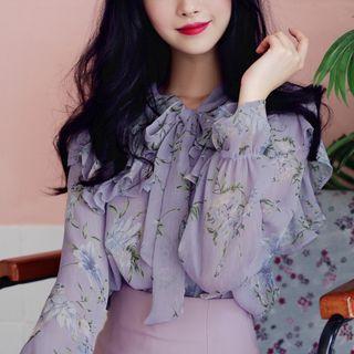 Tie-neck Floral Print Chiffon Shirt