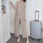 Set: Drawstring Tank Top + High Waist Wide-leg Pants + Long Knitted Jacket