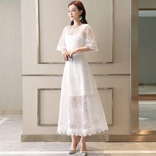 Set: Short-sleeve Lace Top + Maxi Lace Skirt
