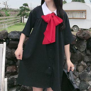 Bow Elbow-sleeve Shirt Dress