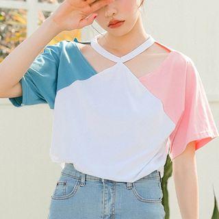 Color Block Cutout Short-sleeve T-shirt
