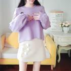 Lace-up Logo Sweater / Floral Embroidered A-line Skirt / Set
