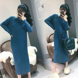 Plain Turtle-neck Loose-fit Long-sleeve Dress Blue - One Size