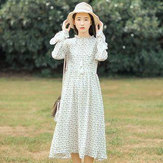 Tasseled Floral Print Long Sleeve Midi Chiffon Dress