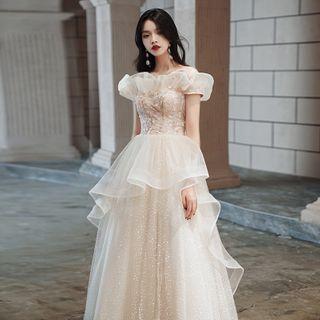 Off-shoulder Ruffled Embroidered Mesh Evening Gown