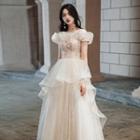 Off-shoulder Ruffled Embroidered Mesh Evening Gown