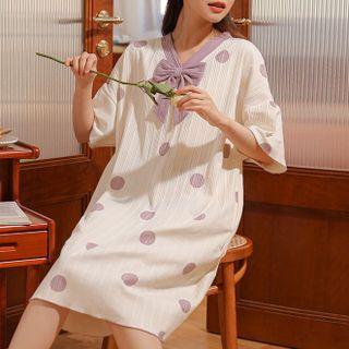 Short-sleeve Bow Polka Dot Sleep Dress