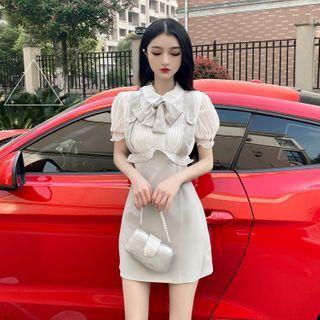 Puff-sleeve Two-tone Panel Bow Mini A-line Dress