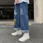 Cropped Lettering Print Jeans
