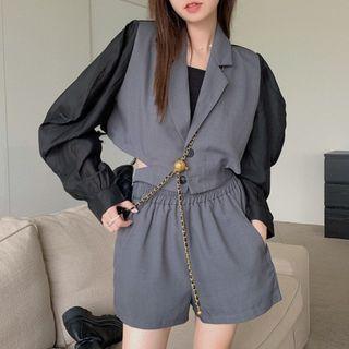Two-tone Cropped Blazer / High Waist Wide Leg Shorts