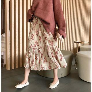Crinkle Floral Print Midi A-line Skirt