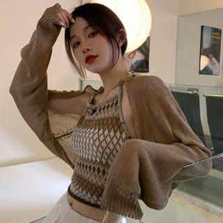 Set: Argyle Halter Top + Bat Sleeve Cropped Cardigan Set - Halter Top - Brown & Cardigan - Brown - One Size