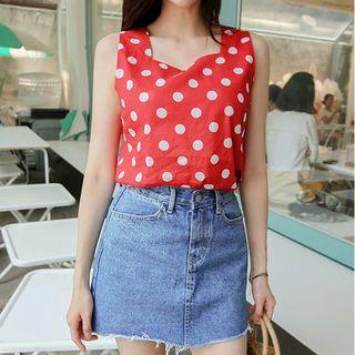 Sleeveless Polka-dot Linen Blend Top