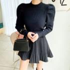 Mock-neck Puff-shoulder Rib-knit Top
