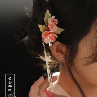 Flower Fringed Hair Clip 1pc - Pink & Green & White - One Size
