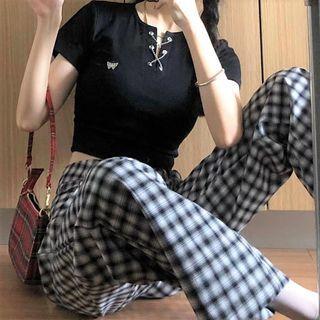 Set: Lace-up Cropped Top + Plaid High-waist Pants