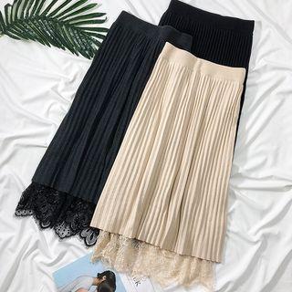 Pleated Lace-panel A-line Skirt