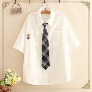 Bear Embroidered Short-sleeve Shirt With Tie
