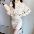 Set: Turtleneck Cable-knit Cropped Sweater + Mini Pencil Skirt