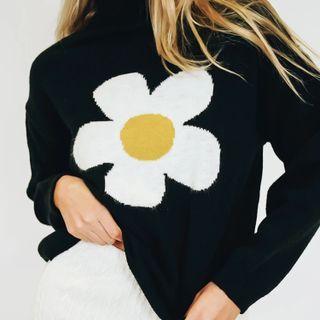 Long Sleeve Flower Print Loose-fit Sweater Black - One Size