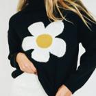 Long Sleeve Flower Print Loose-fit Sweater Black - One Size