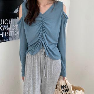 Cold-shoulder Long-sleeve T-shirt / Drawstring Wide-leg Pants